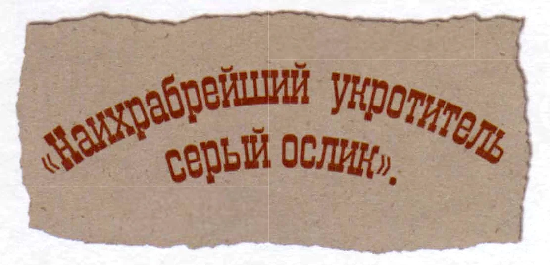 Надпись: «НАИХРАБРЕЙШИЙ УКРОТИТЕЛЬ СЕРЫЙ ОСЛИК».