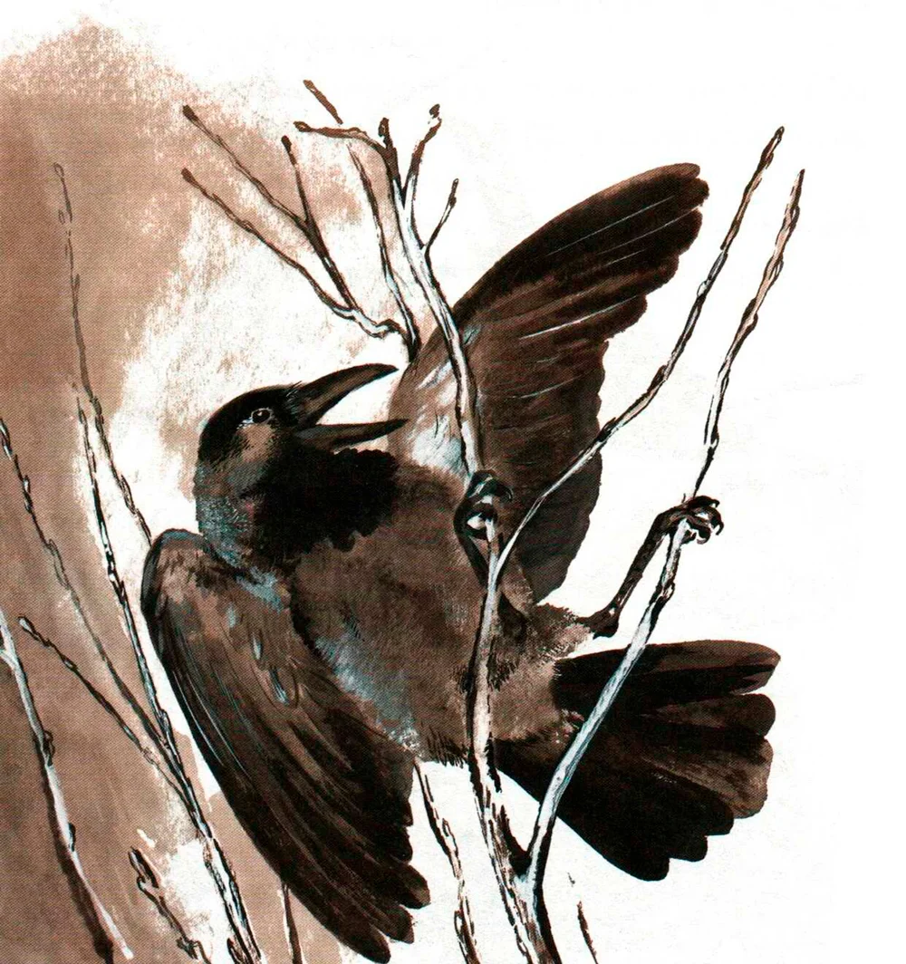 Ворона падает с ветки