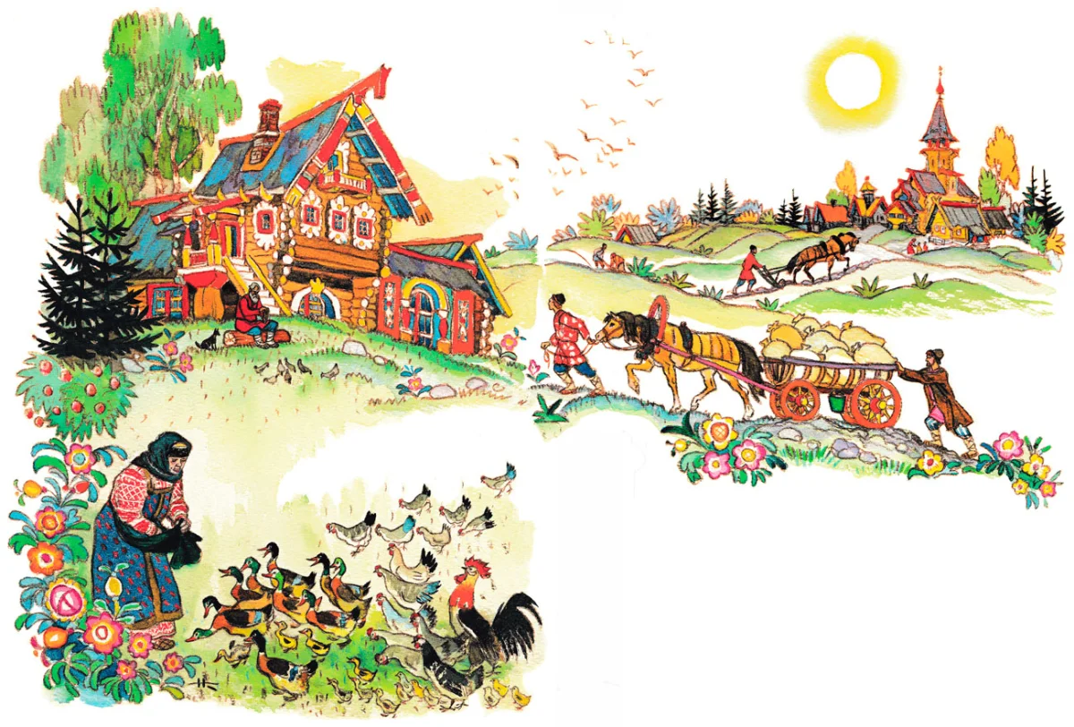 Семья трудятся в деревне