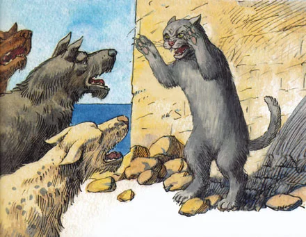 Кошка дерется с собаками