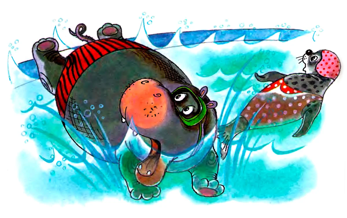 Тюлениха и гиппопотам в воде