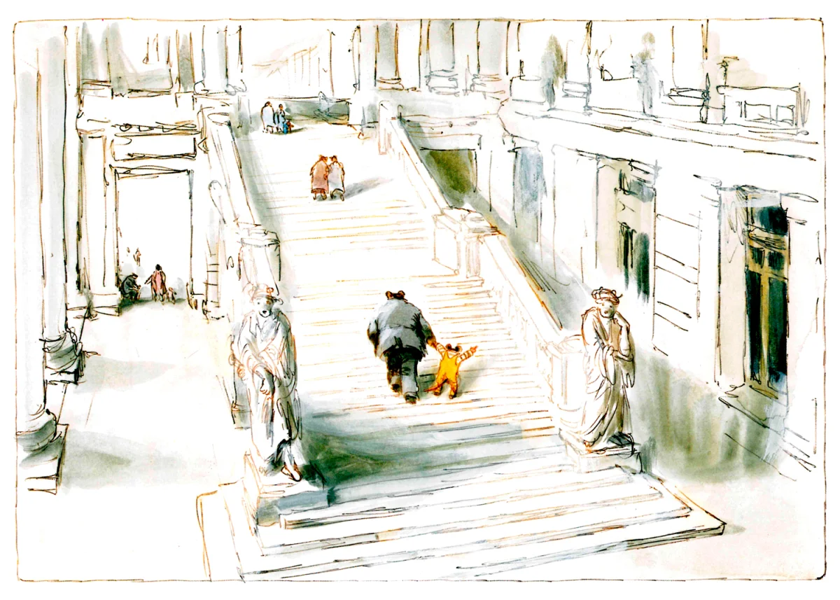 Мышка и медведь идут по лестнице