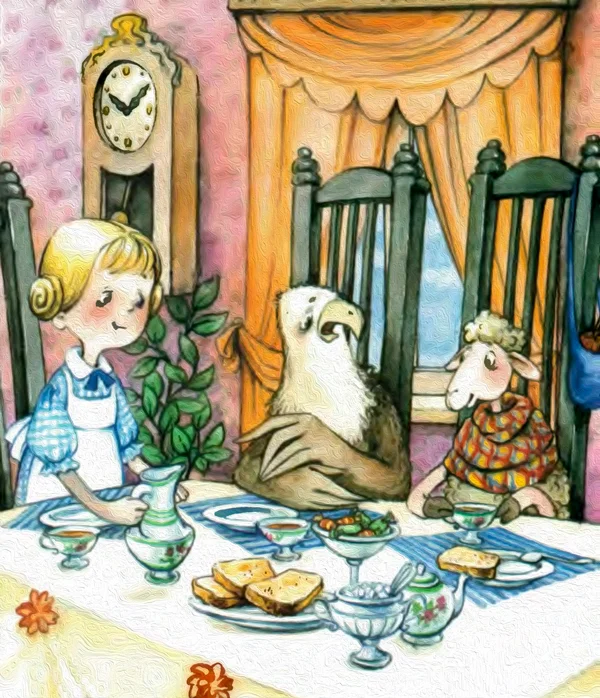 Девочка, орел и овечка за столом