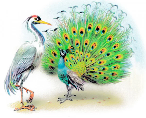 Журавль и павлин