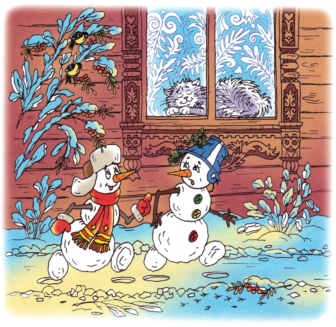Снеговики и котик, спящий на окне