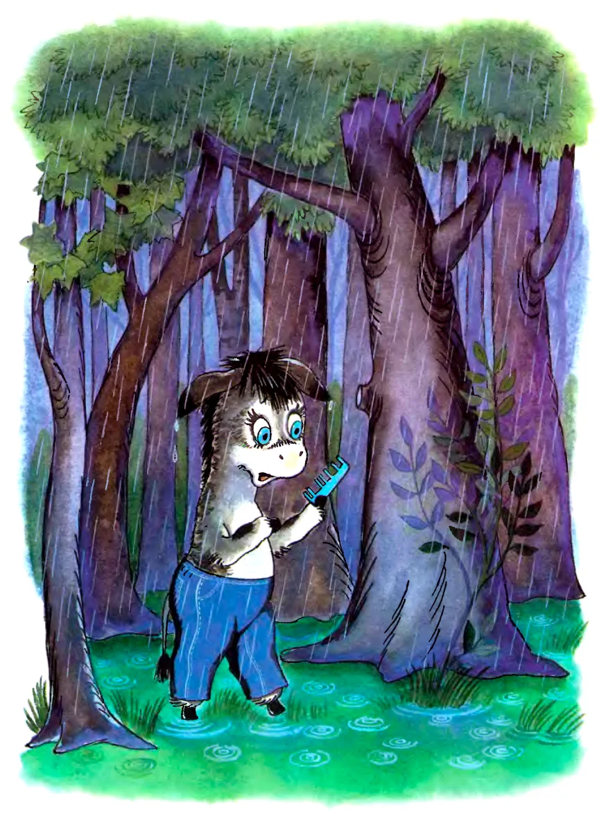 Ослик в дождливом лесу