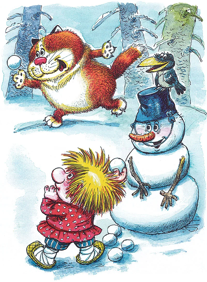 Кузька играет в снежки