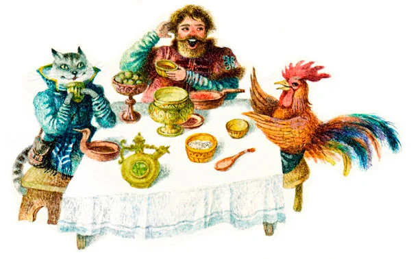 Кот, Петух и хозяин за столом
