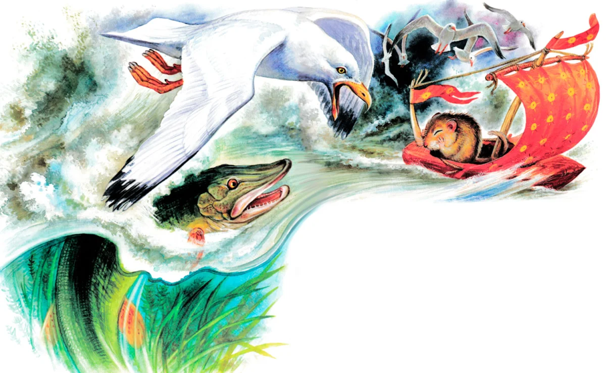 Чайка и щука охотятся на мышонка Пика