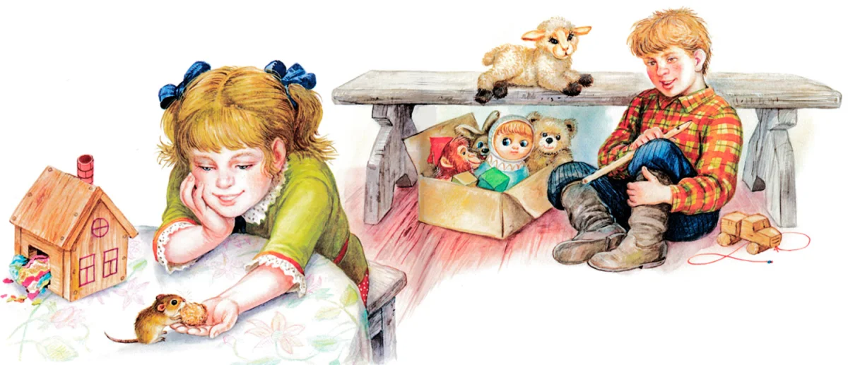 Мышонок кушает из рук девочки