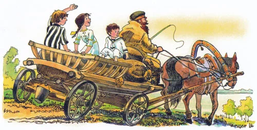 Дети едут на телеге