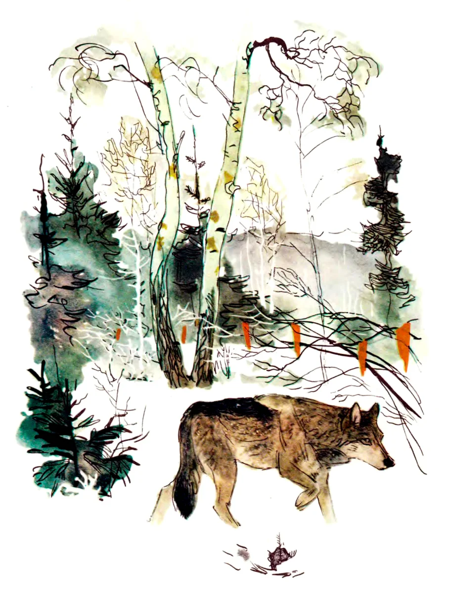 Волк бежит по снежному лесу