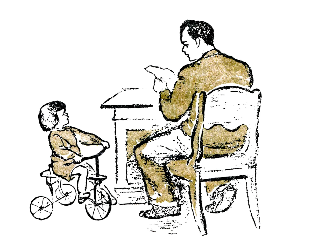 Никита на велосипеде, папа за столом