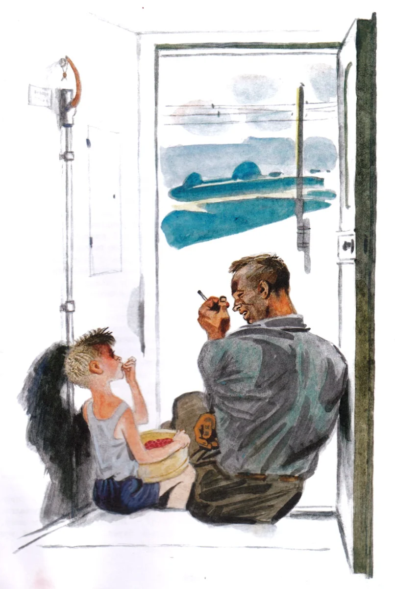 Мужчина и мальчик в тамбуре поезда