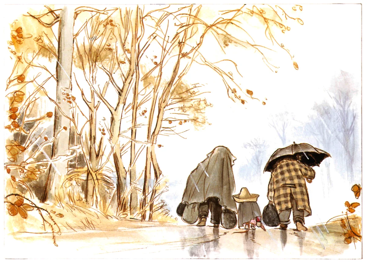 Трое друзей идут под дождем