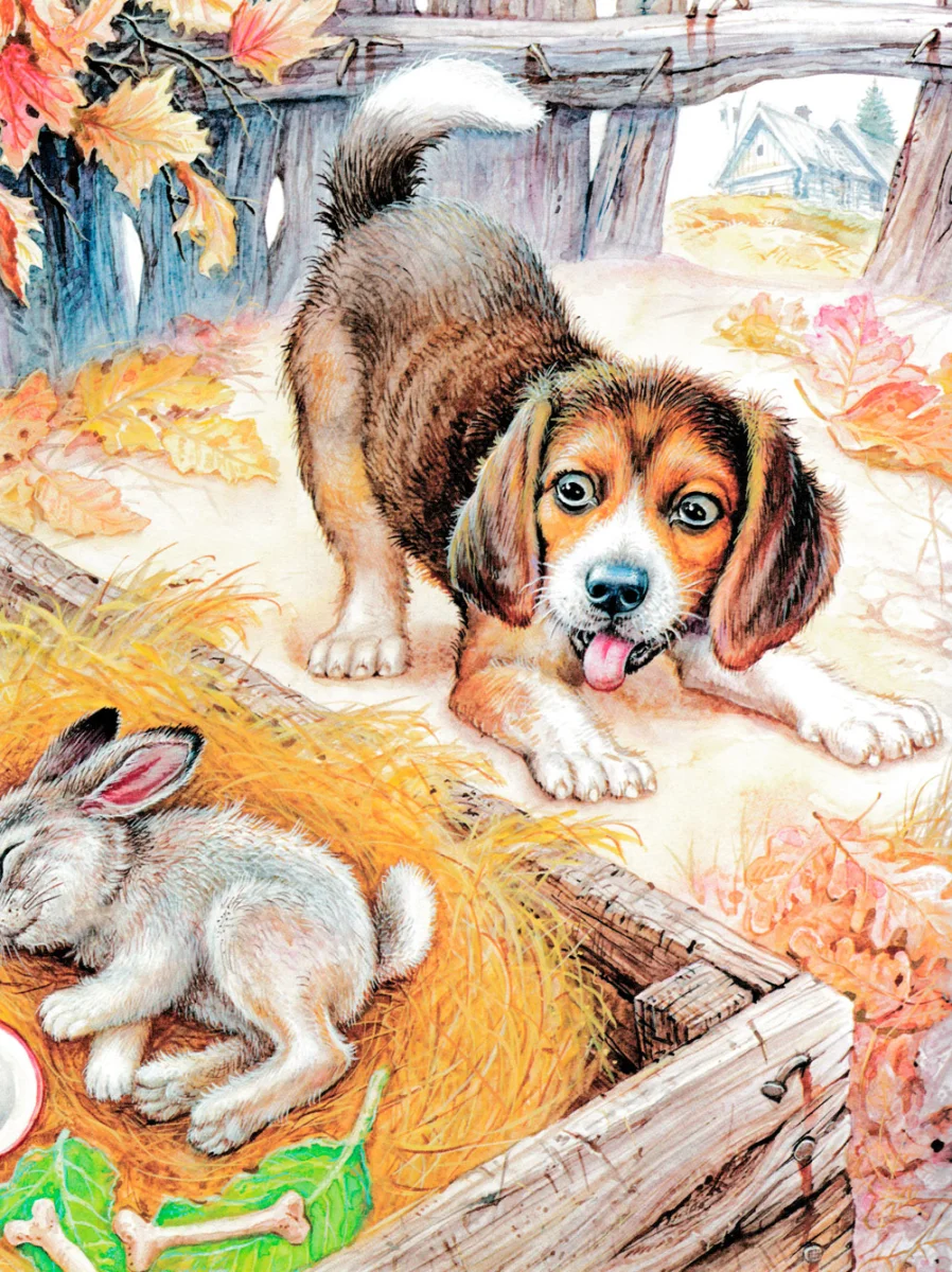 Щенок увидел зайчонка