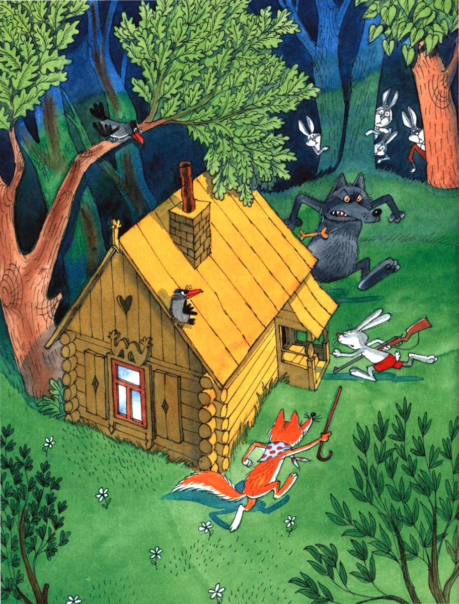 Заяц убегает от волка с лисой