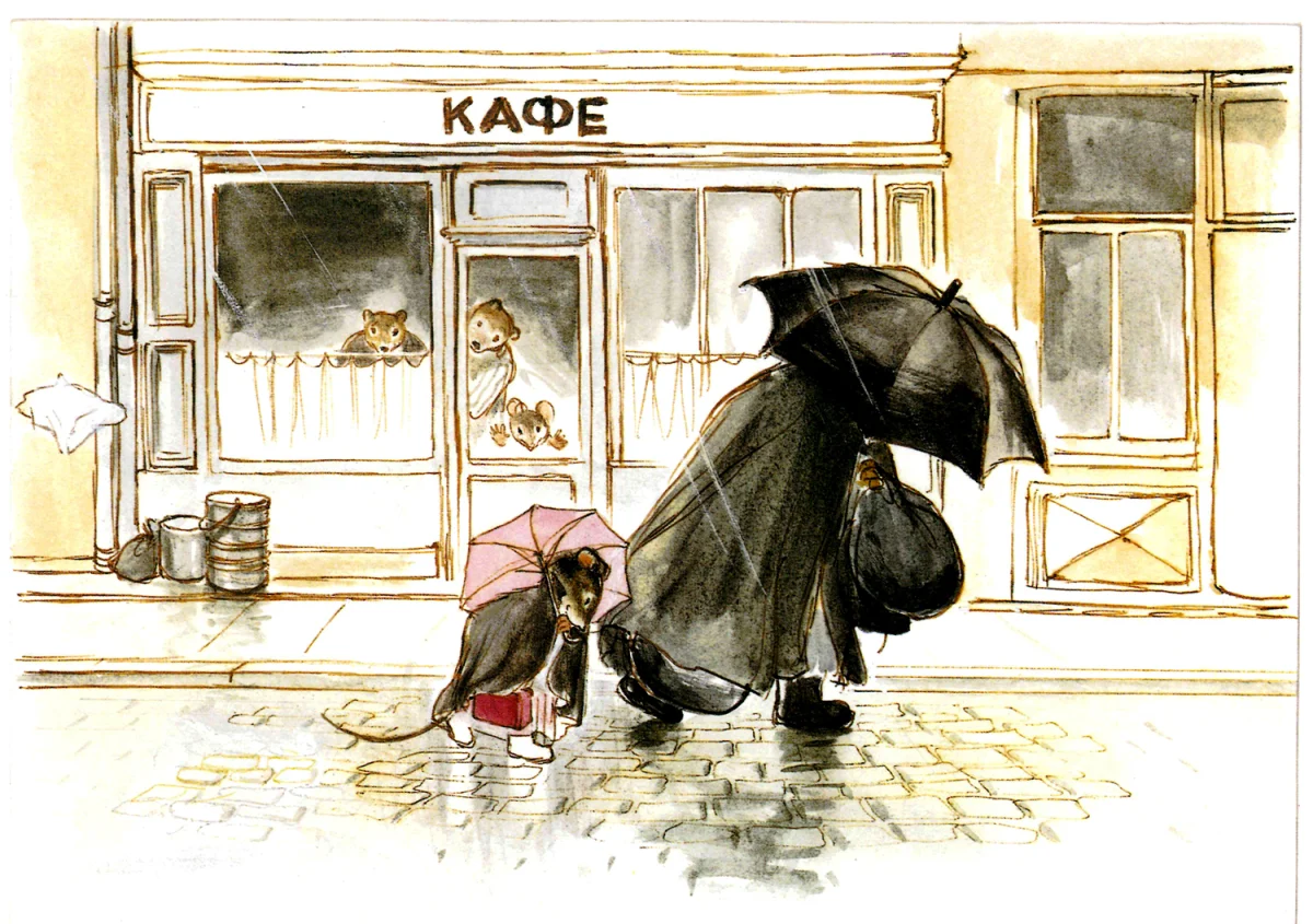 Мышка и мишка идут под дождем