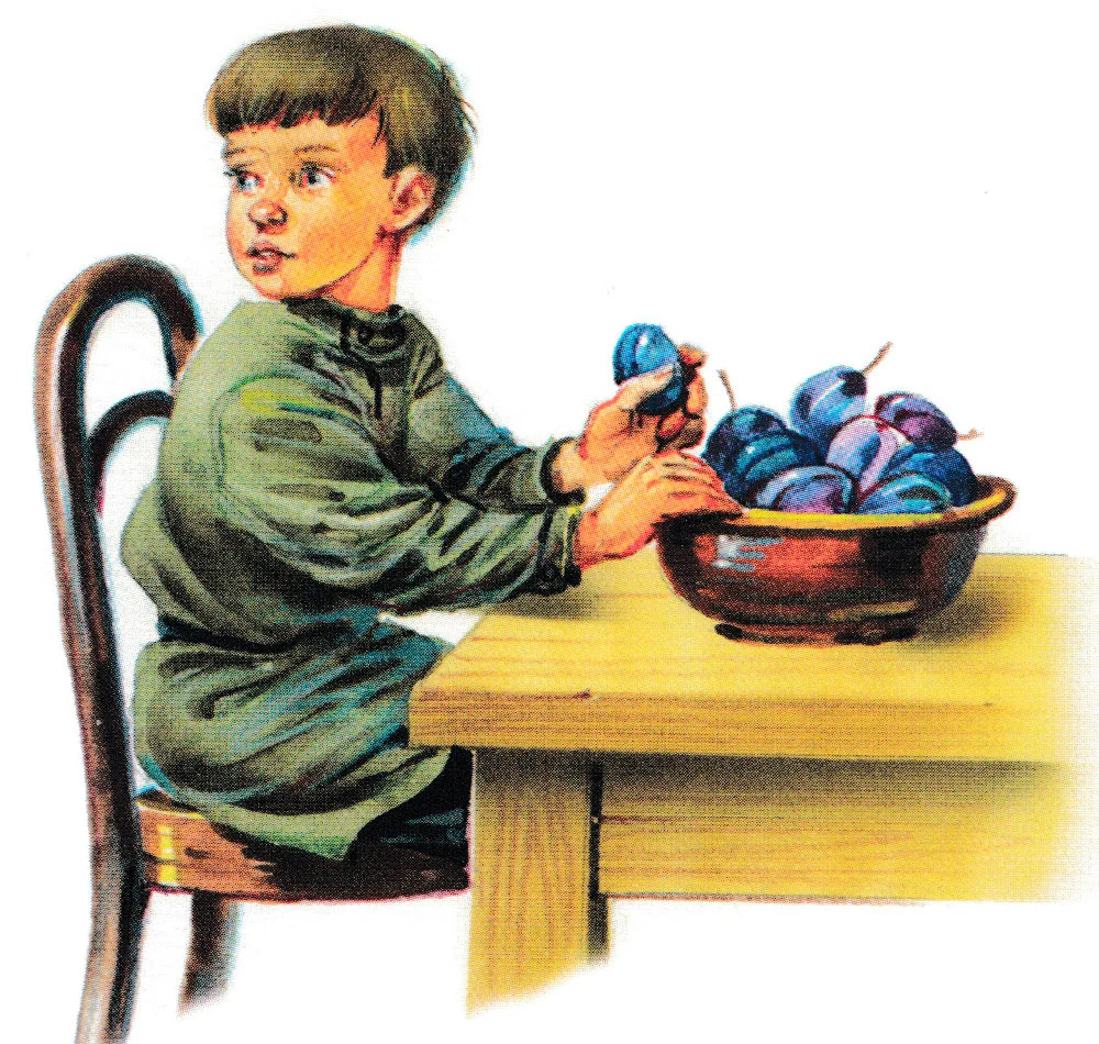 Мальчик взял сливу