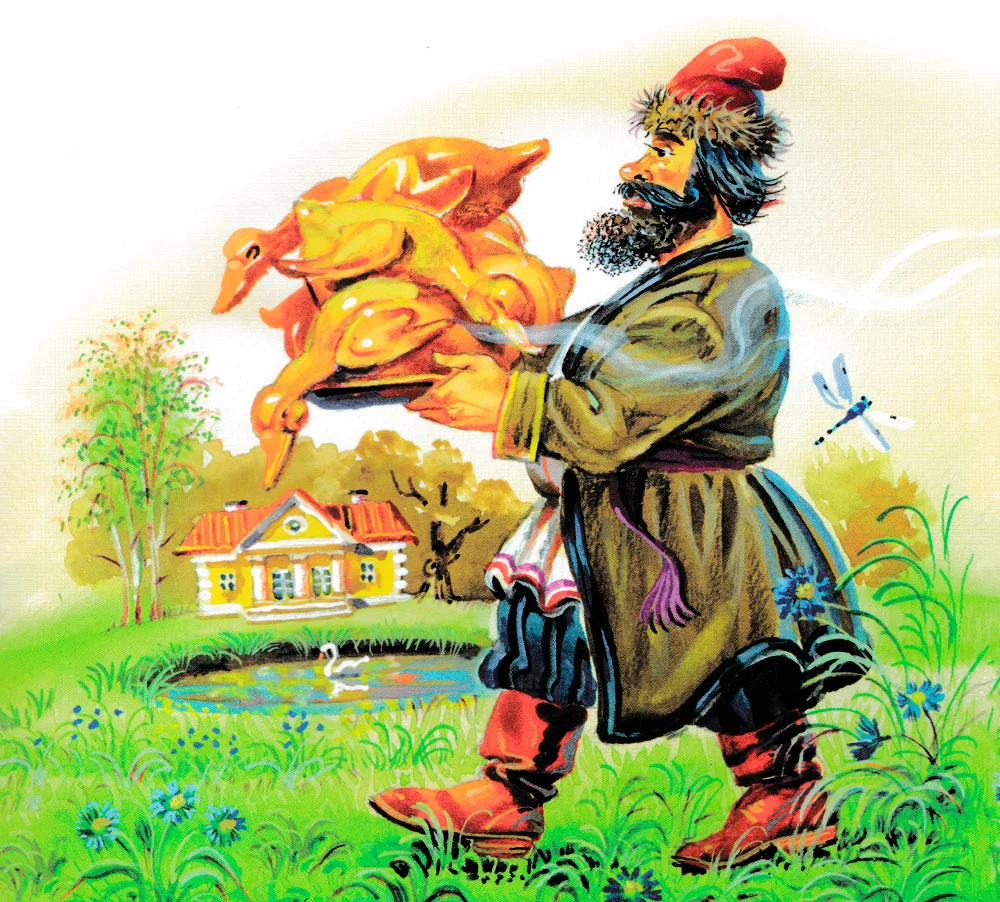 Мужик несет жареных гусей