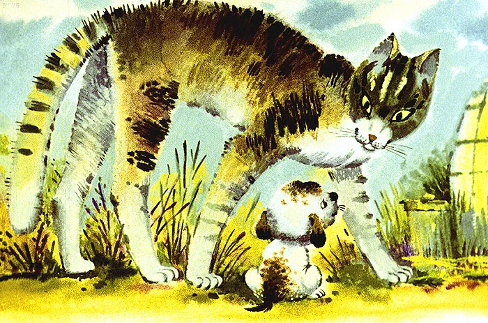Кошка и щенок