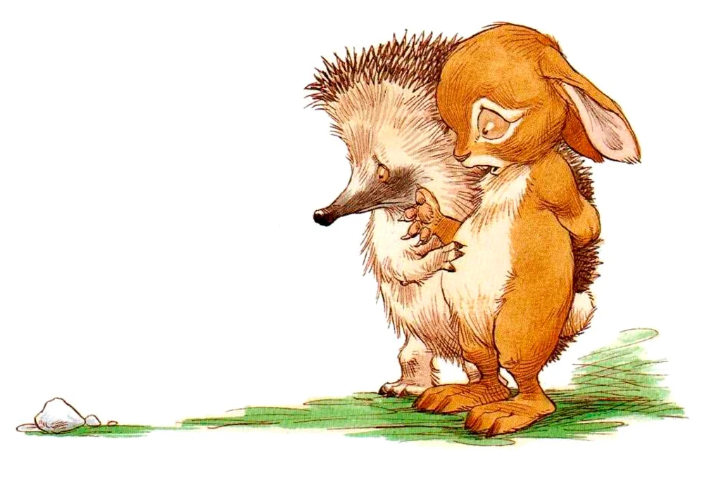 Кролик и Ежик грустно смотрят на снежок