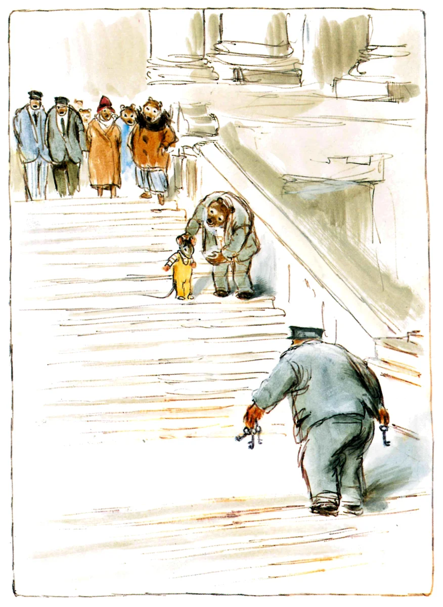 Мишка и мышка идут по лестнице