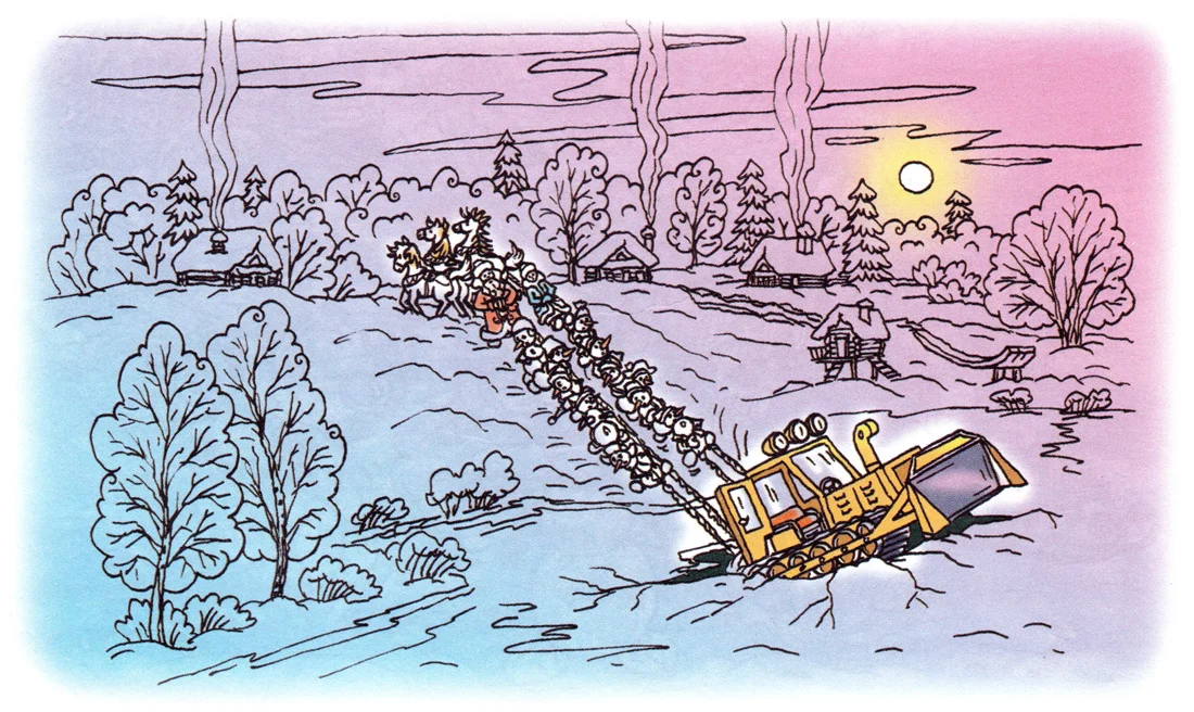 Снеговики тащят из реки бульдозер