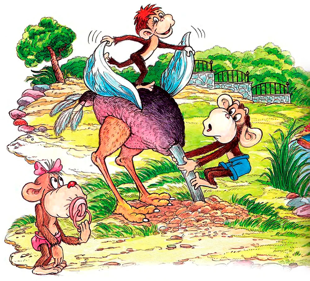 Обезьянки и страус