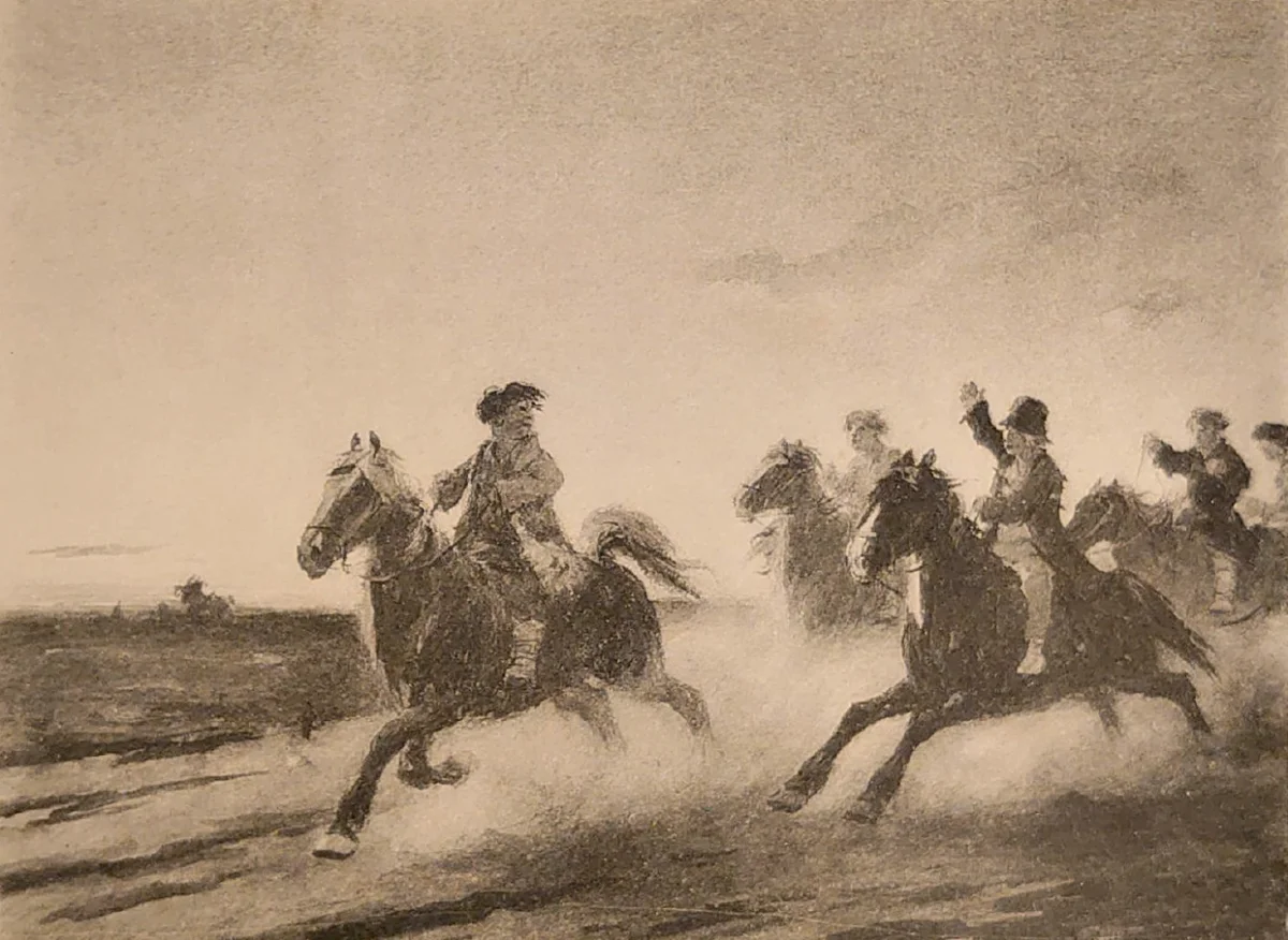 Сидя без шапок и в старых полушубках на самых бойких клячонках