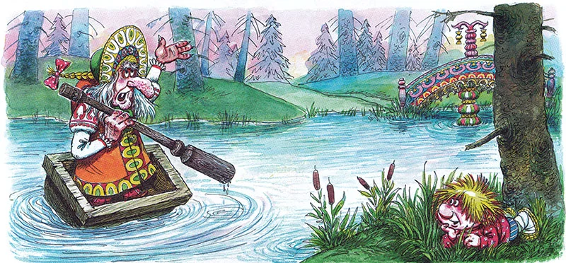 Баба Яга плывет на плоту