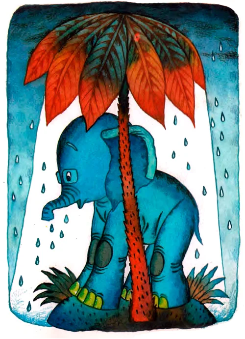 Слоненок стоит под пальмой