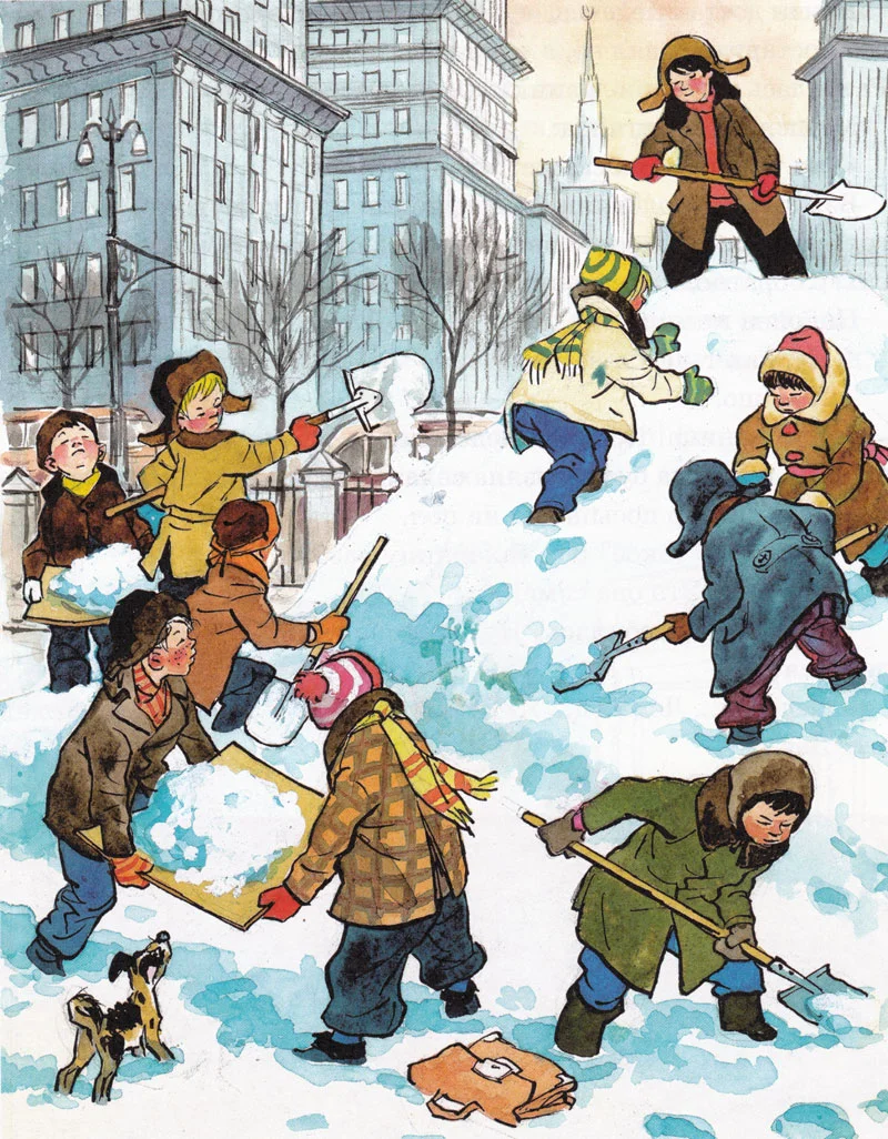 Ребята строят снежную горку