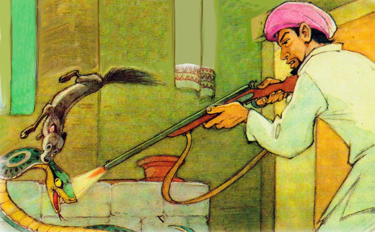 Человек стреляет в змею из ружья