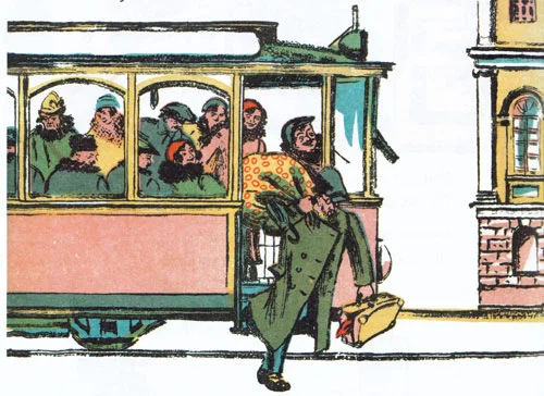 Рассеянный выходит из трамвая