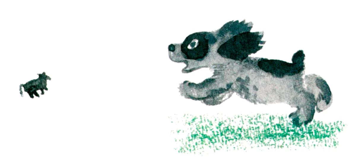 Пес и маленькая корова вдалеке