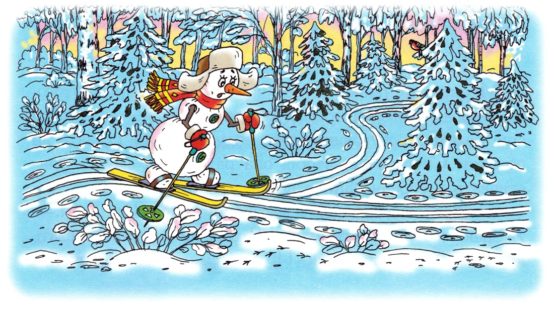 Снеговик идет на лыжах