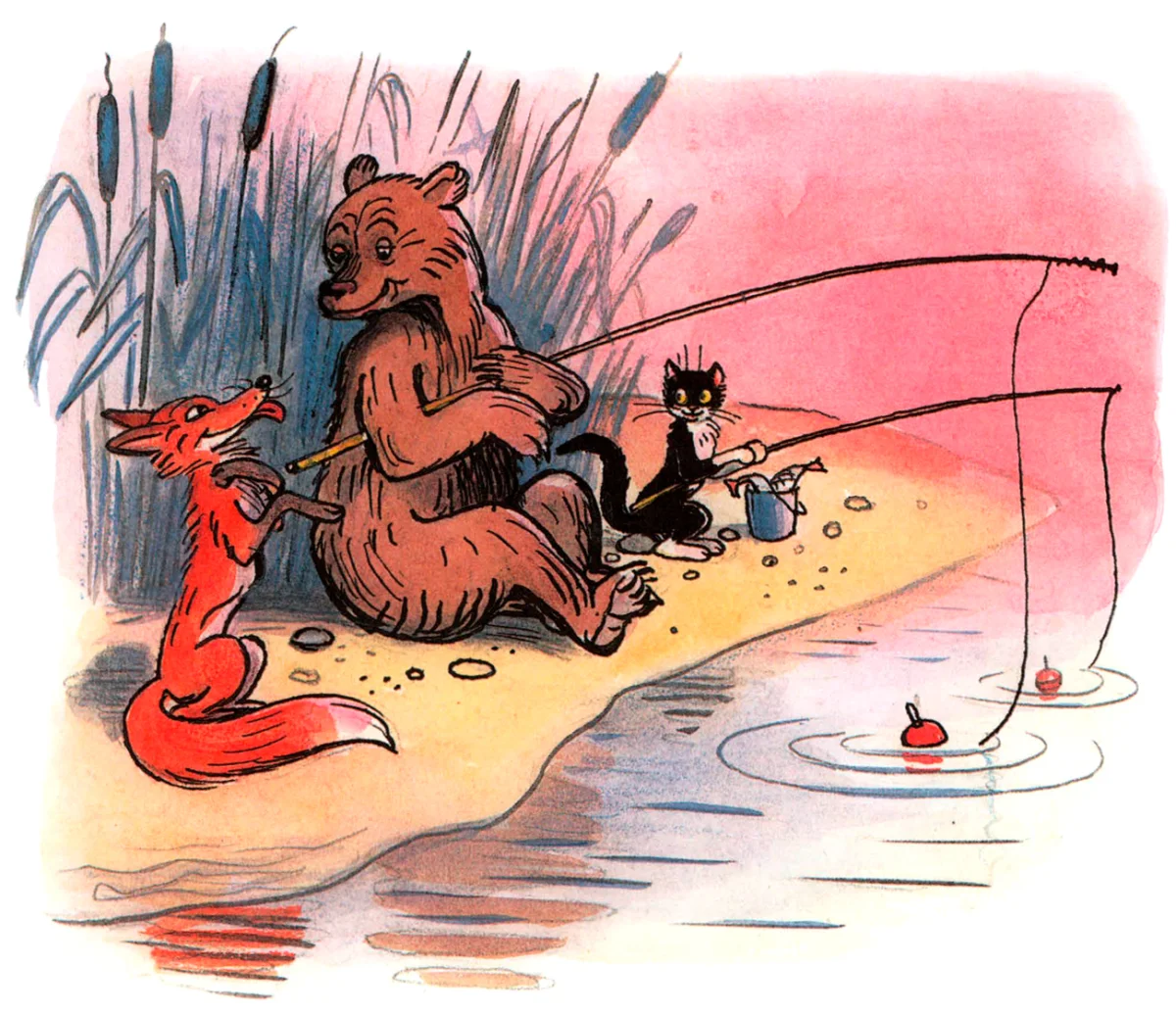 Медведь и кот рыбачат