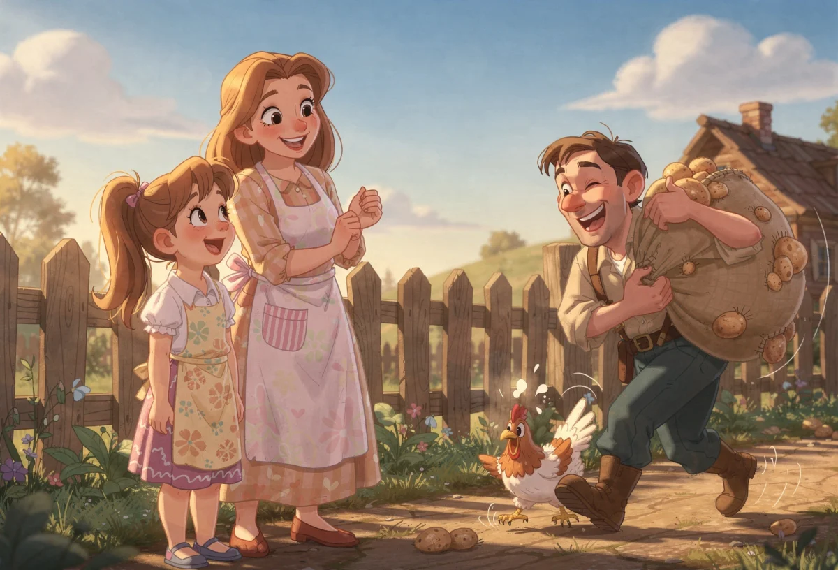 Полина и мама Аня в фартуках стоят у забора, смеются, а папа Витя вдалеке несёт мешок картошки и спотыкается о курицу