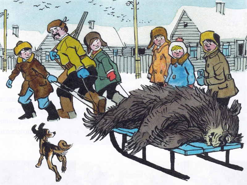 Охотник тащит медведя на санях