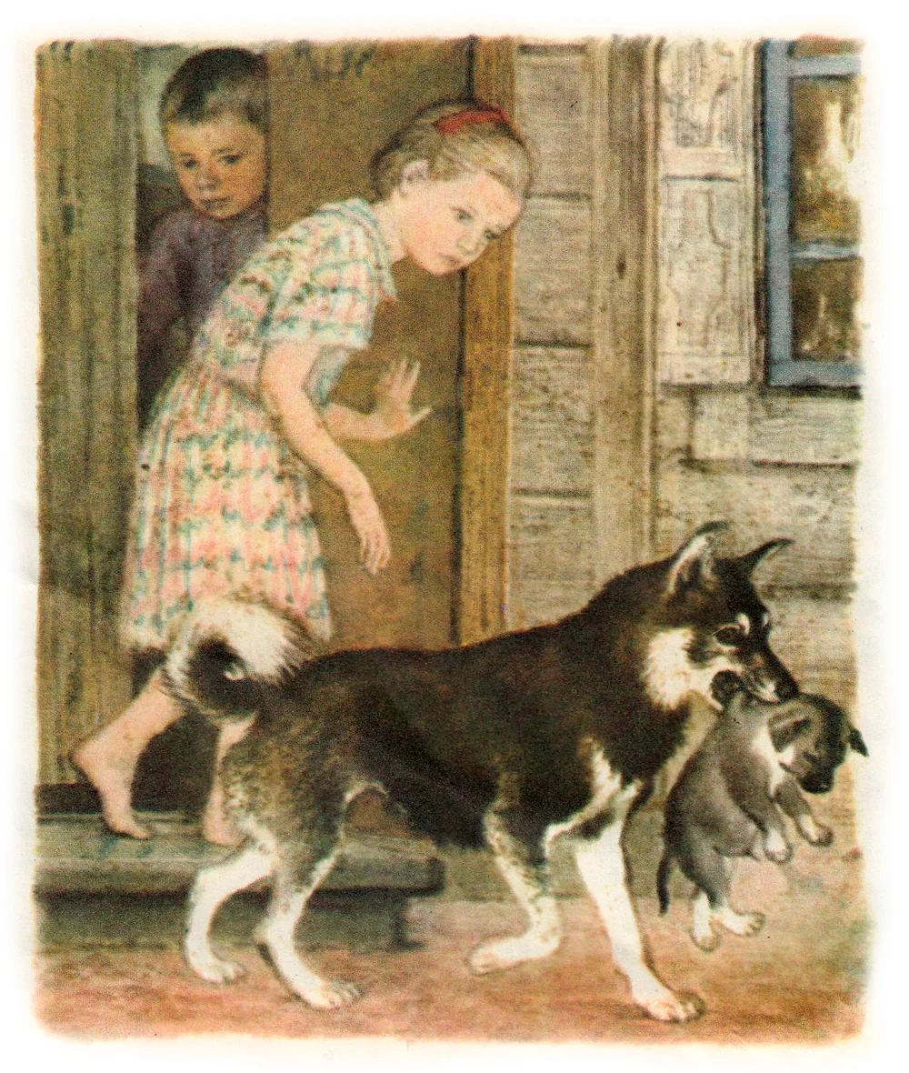 Собачка несет щенка