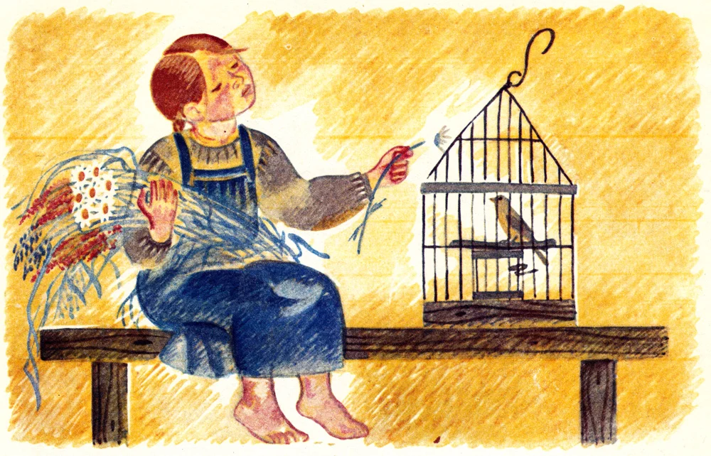Девочка и птичка в клетке