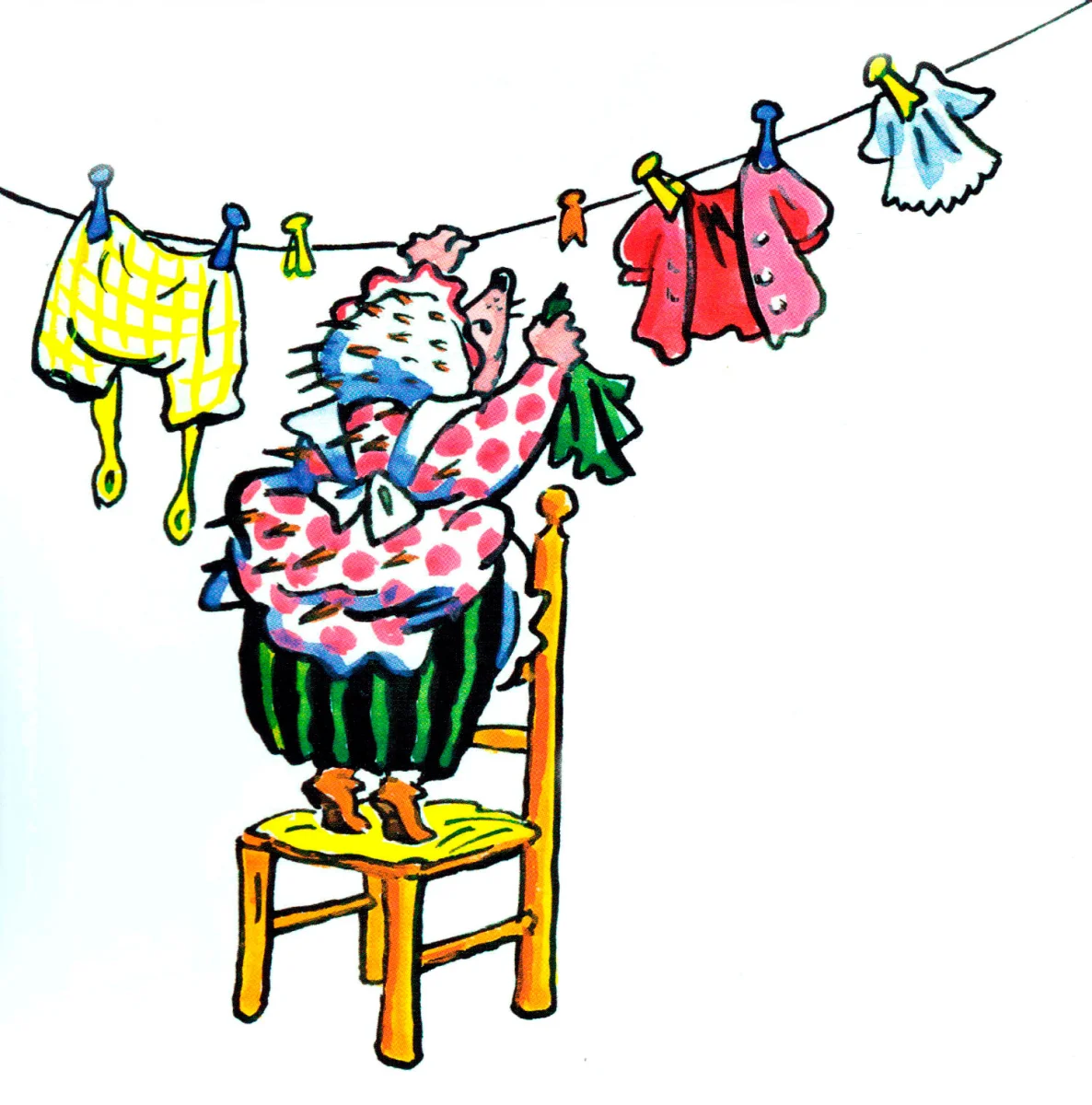 Ухти-тухти развешивает белье сушиться